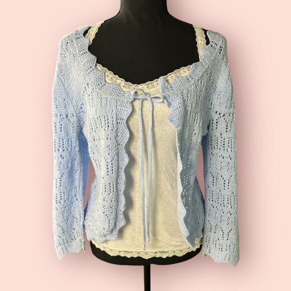 Vtg Y2K Small Sweater Cardigan Open Knit Coquette Baby Blue Tie Front Cottage - Picture 1 of 3